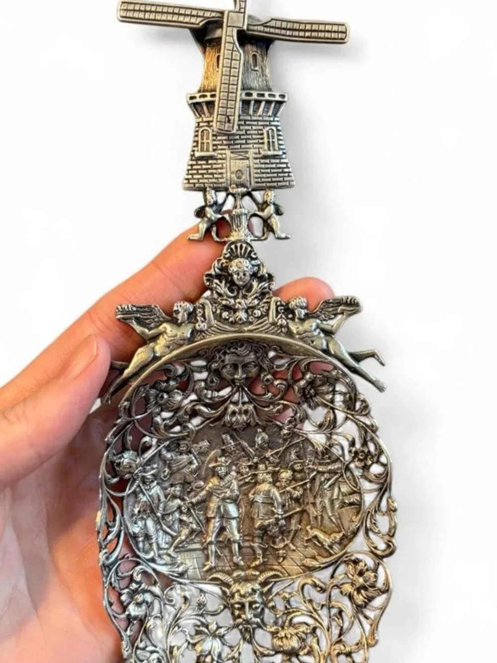 Large Dutch Silver Decorative Pierced Server Spoon with Rembrandts Night Watch